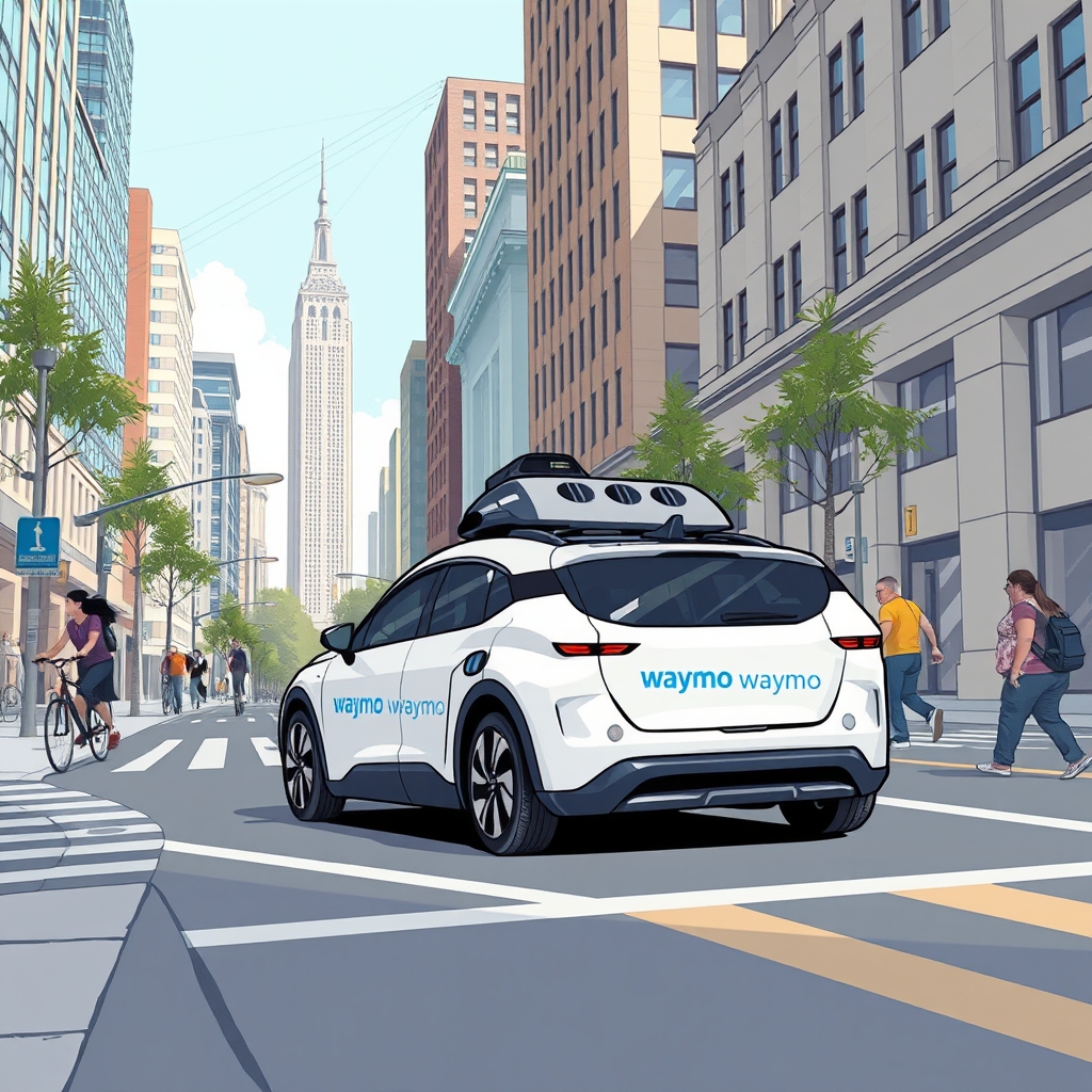 An illustration depicting a Waymo autonomous vehicle navigating through a busy urban environment with diverse pedestrians and cyclists, showcasing the technology's integration into city life.