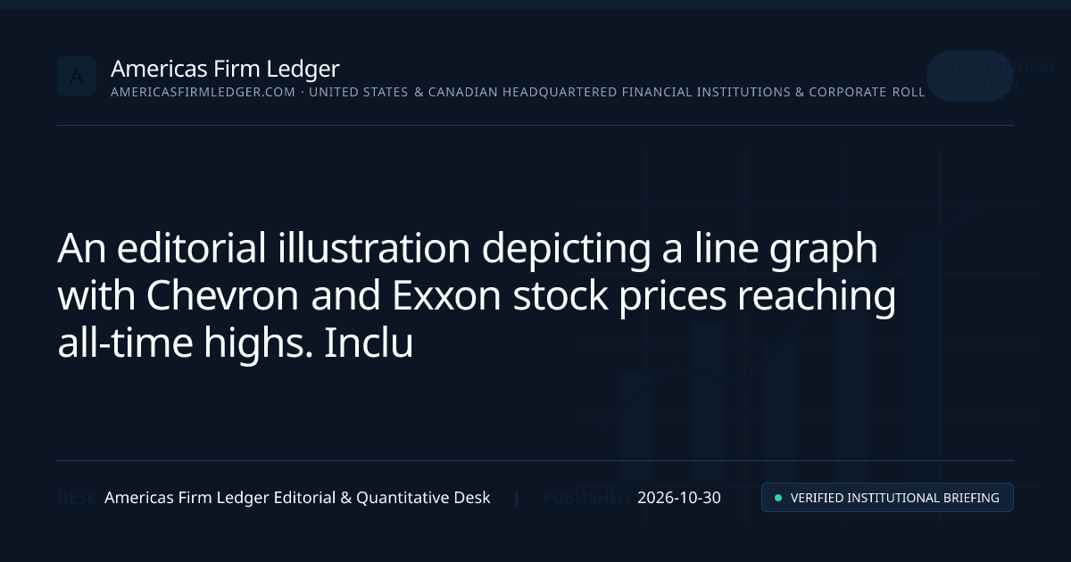 A graph showing the stock prices of Chevron and Exxon over time, with a highlighted peak indicating all-time highs. The background features abstract representations of oil rigs and global maps to symbolize the impact of geopolitical events on the oil market.
