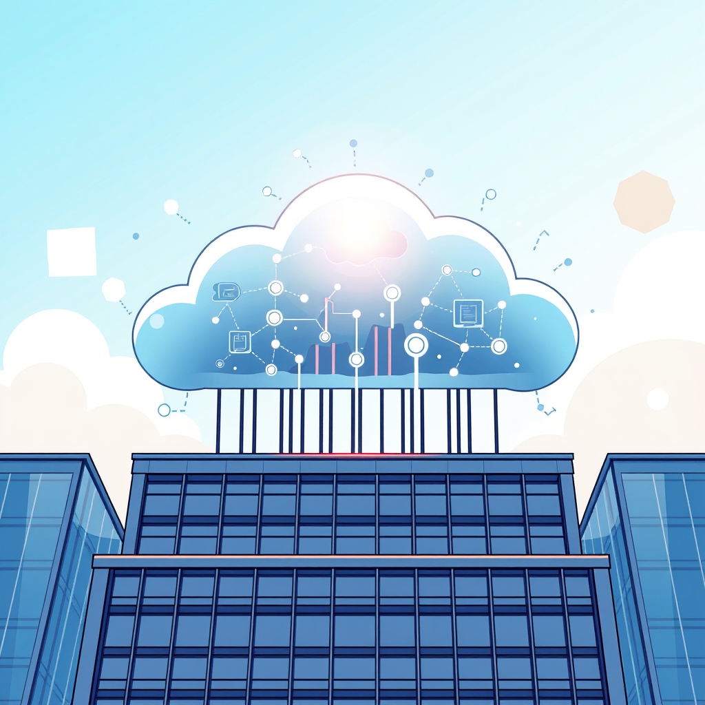 A digital illustration depicting a cloud computing concept with a focus on data analytics and artificial intelligence. The image features a stylized cloud with interconnected data nodes, representing Microsoft Azure's infrastructure. The background includes abstract shapes symbolizing growth and technology.