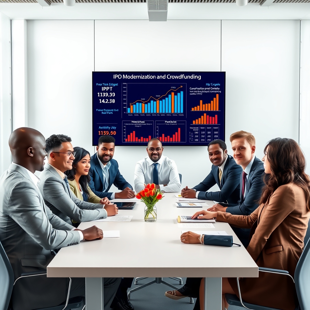 An illustration depicting a diverse group of business professionals engaged in a discussion around a table, with charts and graphs representing IPO modernization and crowdfunding strategies in the background.