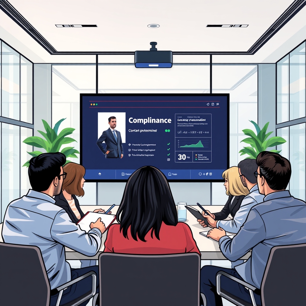 A virtual seminar setting with diverse financial professionals engaged in a video conference. The screen displays a digital presentation about compliance outreach for investment companies and advisers, with participants actively discussing and taking notes.